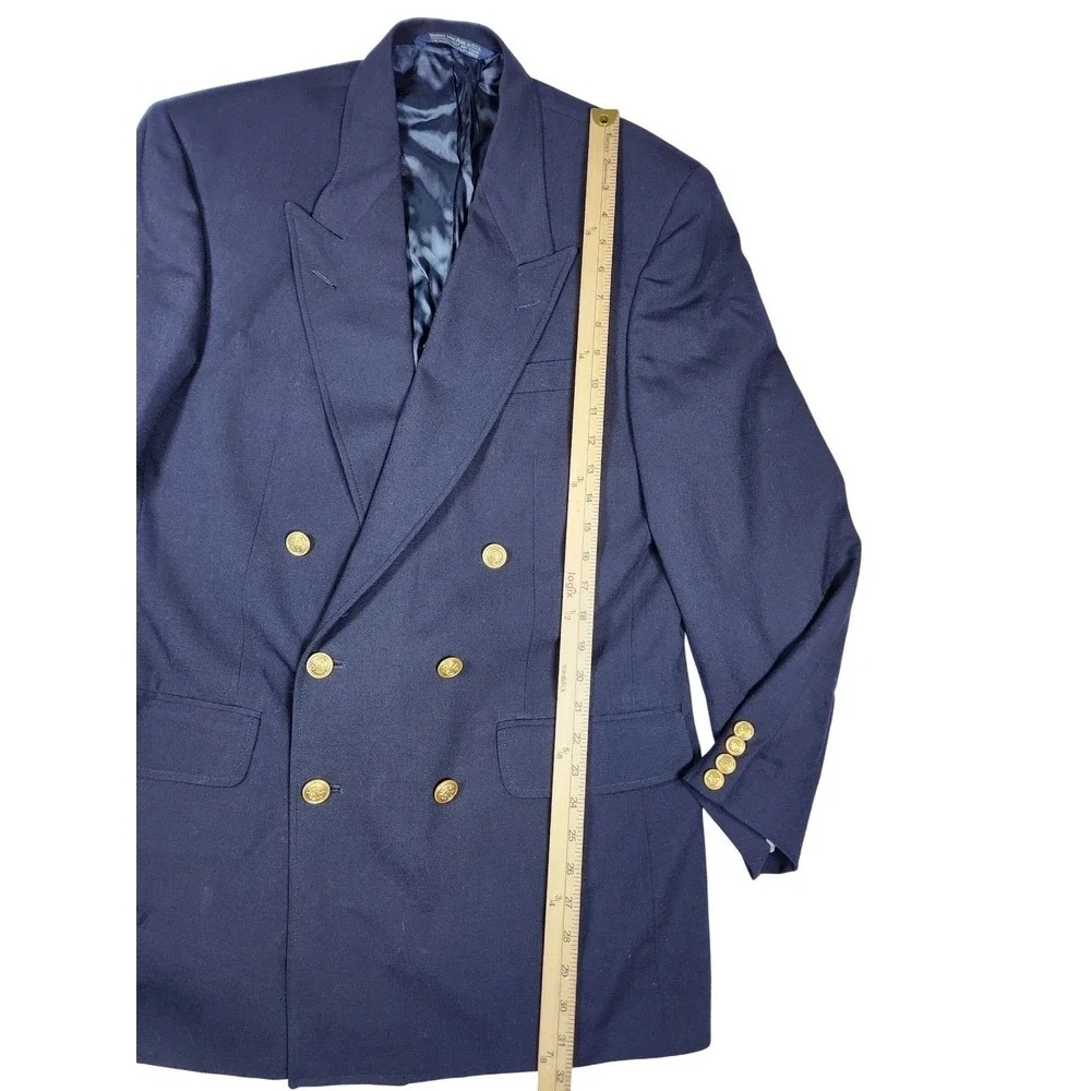 Vintage 90s Lands End 40L Navy Wool Double Breasted Blazer‎ Gold Crest Buttons